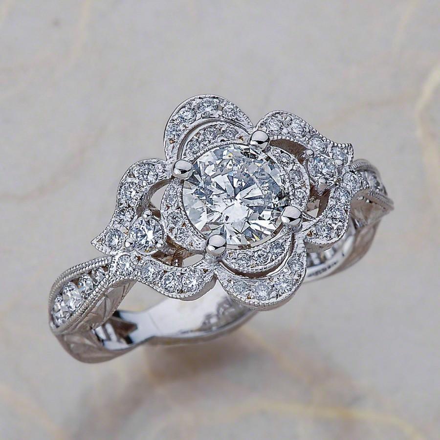 14k White Gold Moissanite Engagement Ring Diamond Wedding Ring Vintage ...