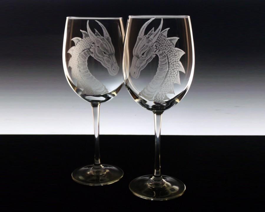 Wedding Glass Set - Custom Wine Glass Set Dragons Etched Wine Glasses ...