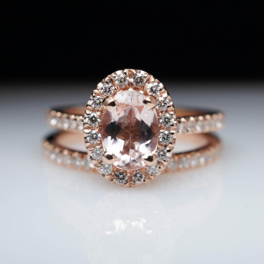 Oval Morganite Engagement Ring Rose Gold Engagement Ring Bridal Set 14k ...