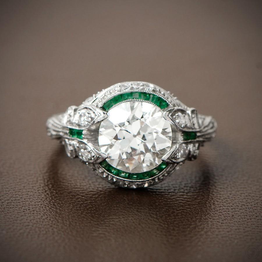 Rare And Pristine Art Deco Engagement Ring - Emerald And Diamond Halo ...