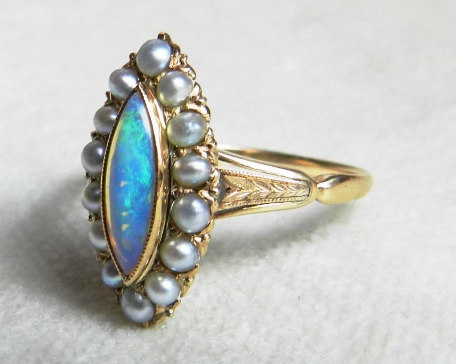 Antique Victorian Opal Engagement Navette Seed Pearl Opal Ring 18k ...