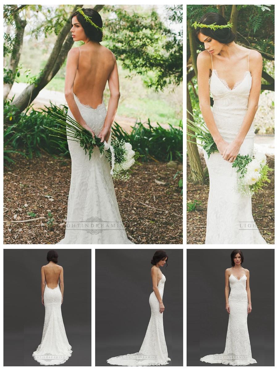 Spaghetti Straps Plunging V-neck Low Backless Lace Wedding Dresses ...