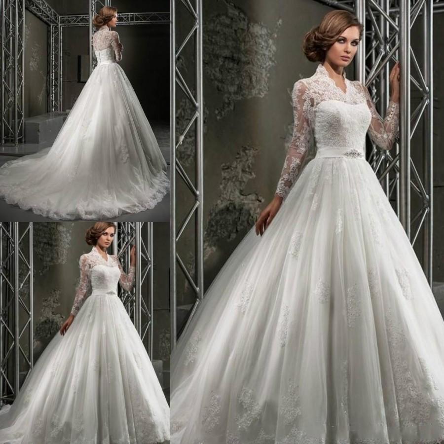Custom Made Winter Lace Wedding Dresses Plus Size Ball Gowns V Neck ...