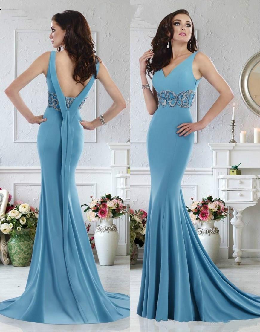 Sexy Janique Evening Dresses 2016 V Neck Sweep Train Backless Beads ...
