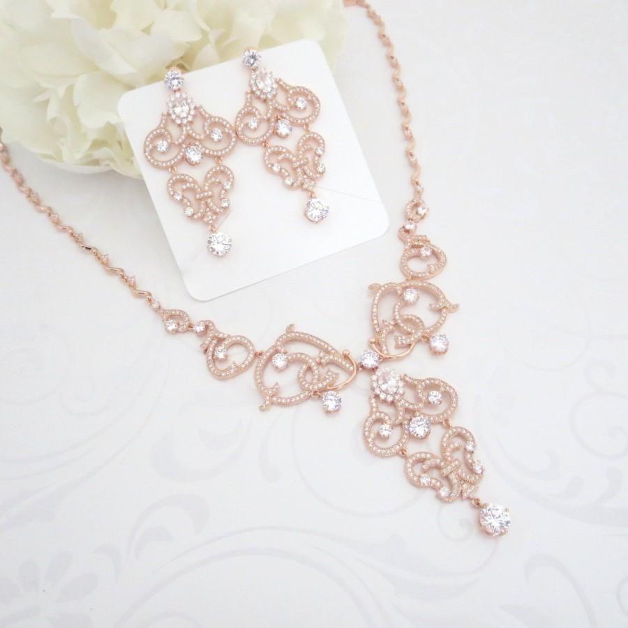 Rose Gold Necklace, Crystal Bridal Necklace, Rose Gold Wedding Necklace ...