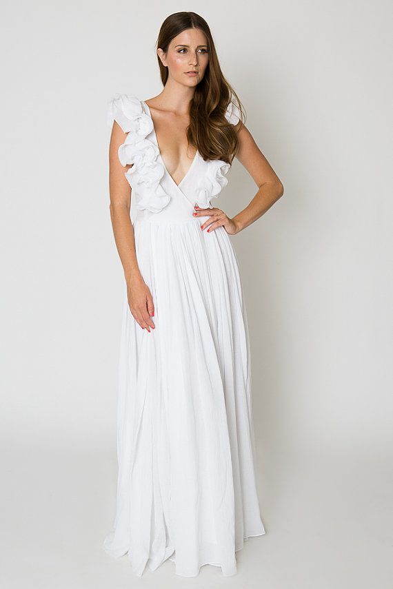 White Ruffle BOHEMIAN WEDDING Gauze Maxi DRESS / Beach Wedding Dress ...