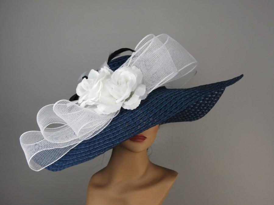 Women Hat Navy Blue Hat Big White Bow Kentucky Derby Hat Party Summer ...