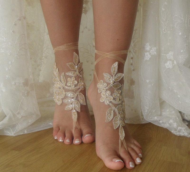 Champagne Lace Barefoot Sandals Beach Wedding Lace Shoes,Wedding ...