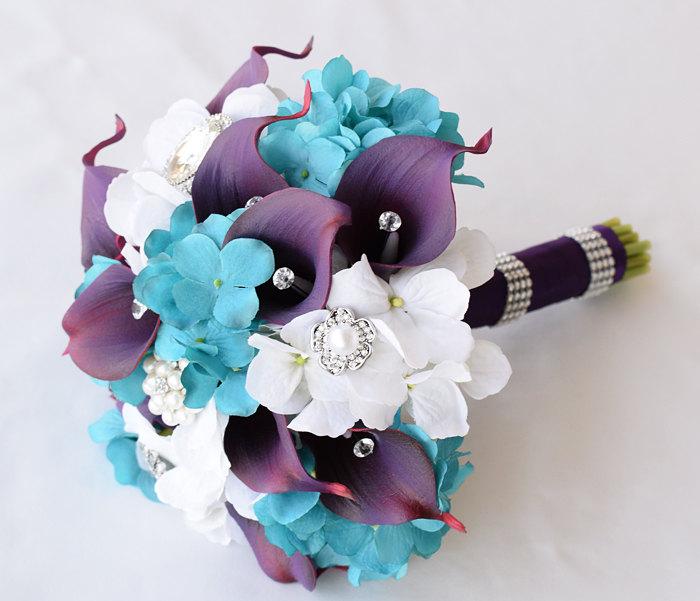 Silk Wedding Brooch Bouquet - Off White And Teal Turquoise Hydrangeas ...
