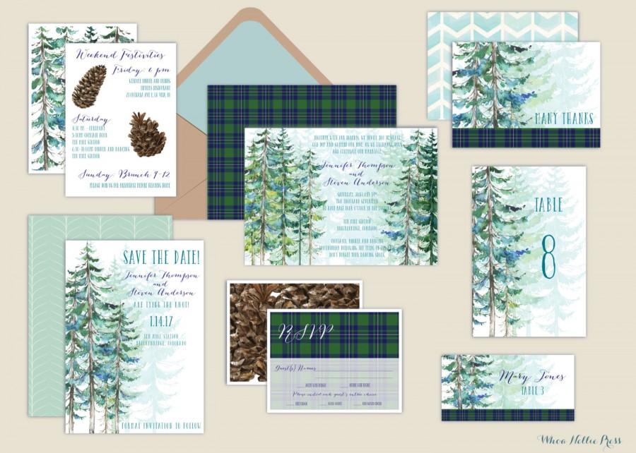 Rustic Pine Invitations Watercolor, Landscape Pocket Invitations