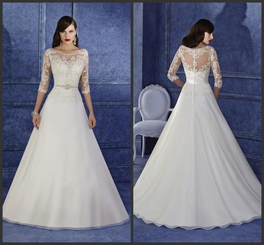 Elegant Lace Applique Wedding Dresses Half Sleeve Sheer Illusion Scoop ...