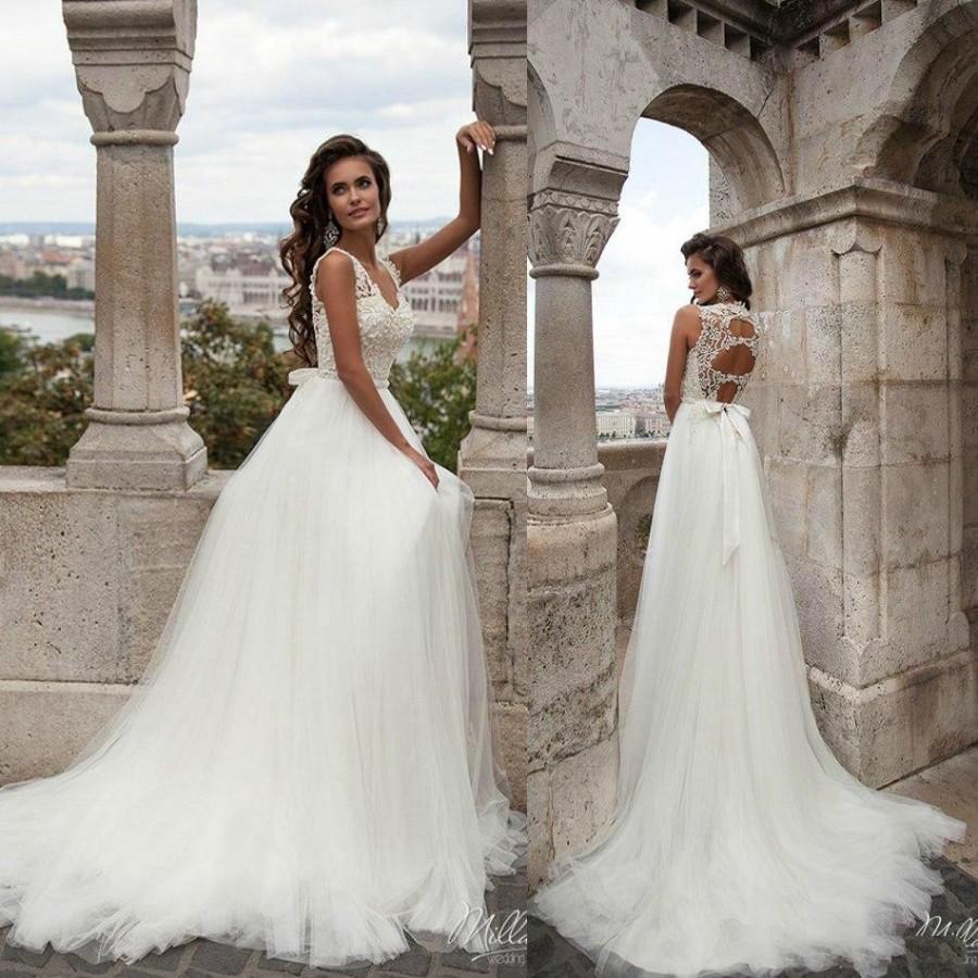 Elegant Lace Wedding Dresses Scoop Neck Hollow Back Beads Bridal Gowns ...