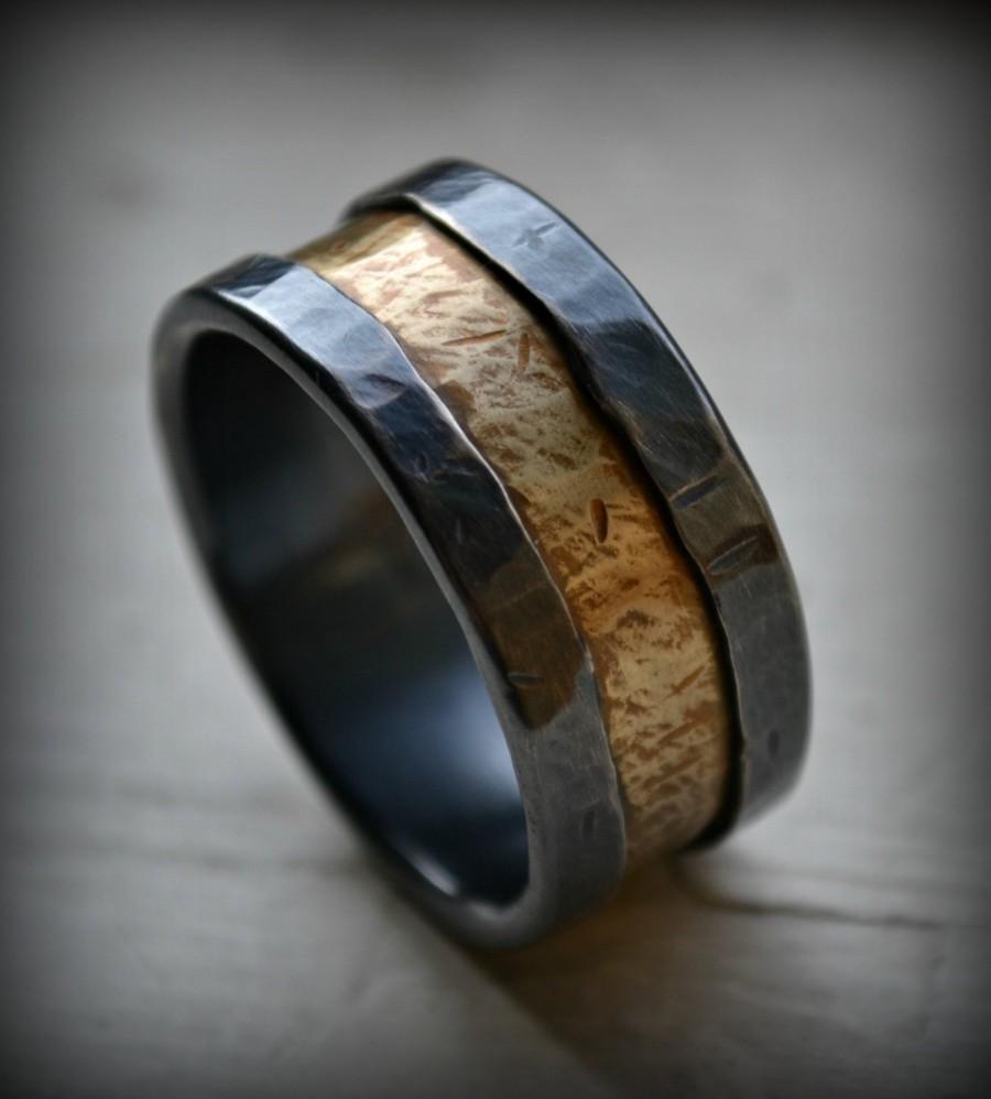 Mens Wedding Band, Rustic Fine Silver And Brass Ring, Handmade Oxidized ...