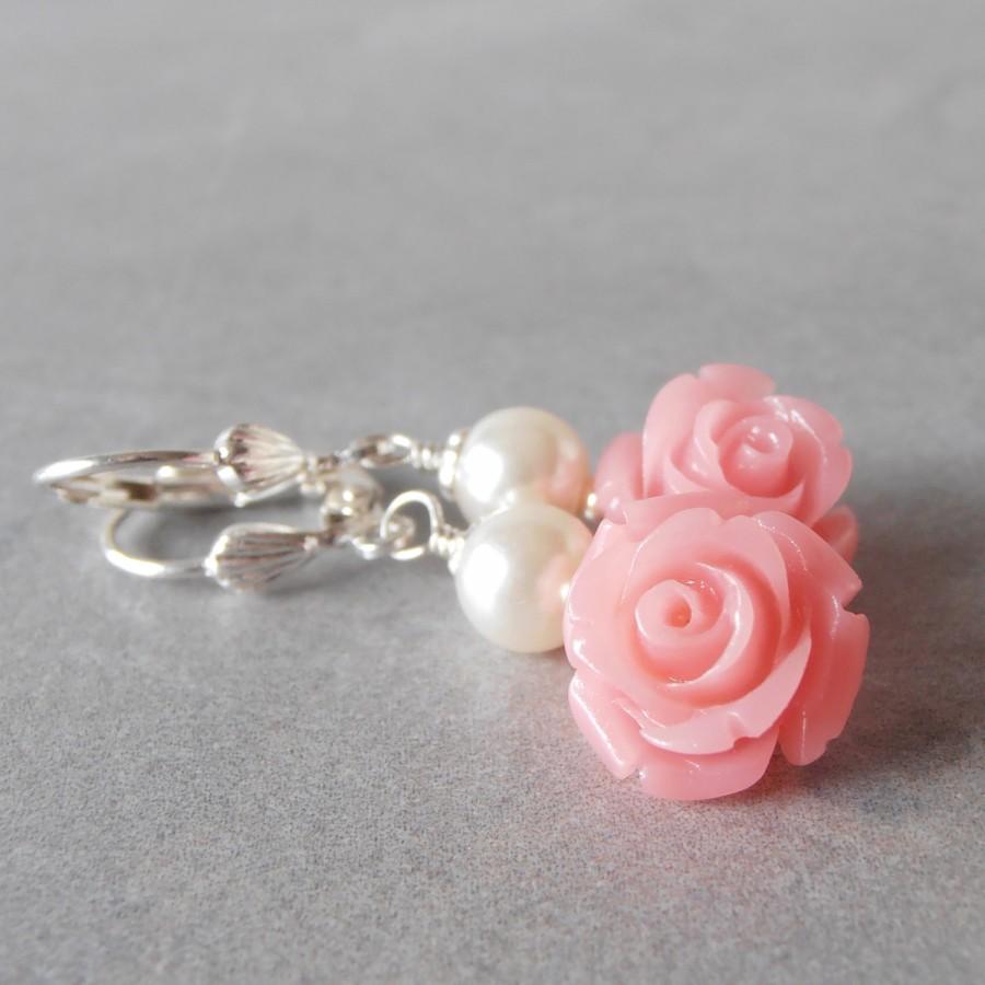 Coral Pink Flower And Pearl Dangle Earrings Bridesmaid Jewelry Set ...