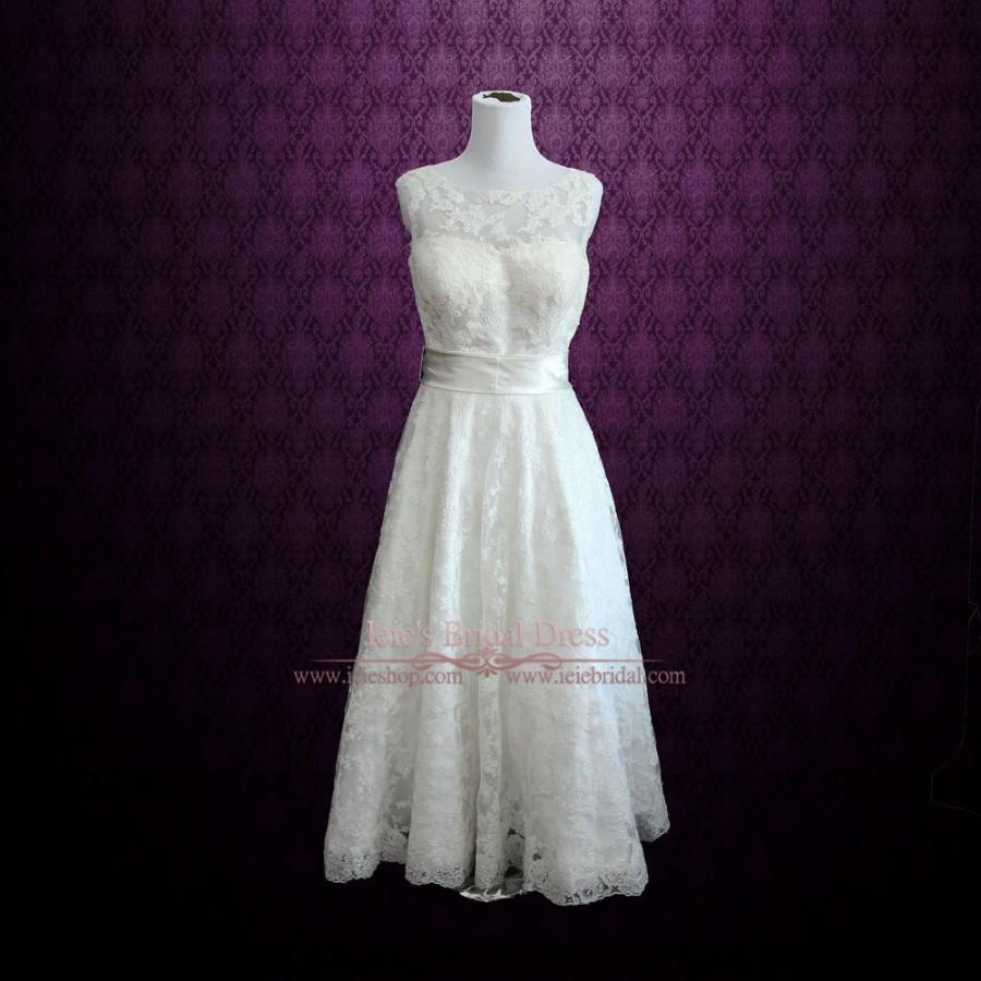Retro Boat Neck Lace Tea Length Wedding Dress #2506019 - Weddbook