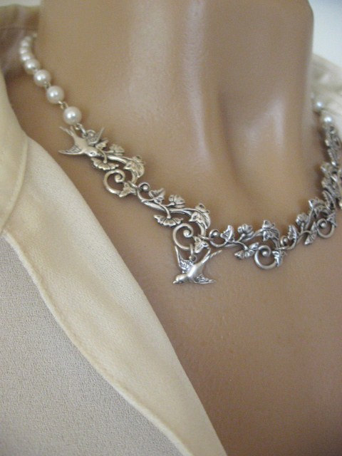 Ivy Necklace, Collar Necklace, Pearl Necklace, Bird Necklace, Ivy ...