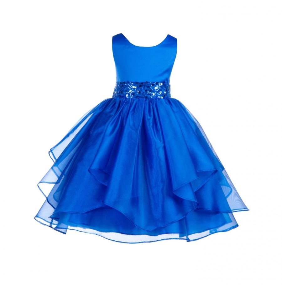 Wedding Asymmetric Ruffles Satin Organza Royal Blue Flower Girl Dress ...