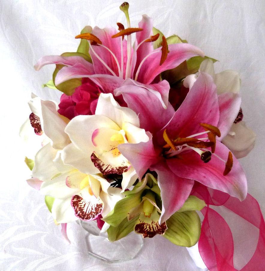 4 Piece Set Orchid Bridal Bouquet Green Hot Pink And White Orchid ...