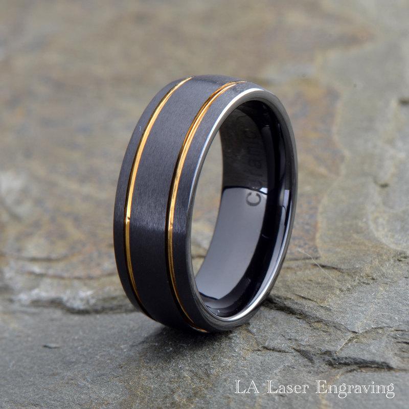 Mens Ceramic Wedding Band,Black Brushed Grooved Yellow Gold Plated ...