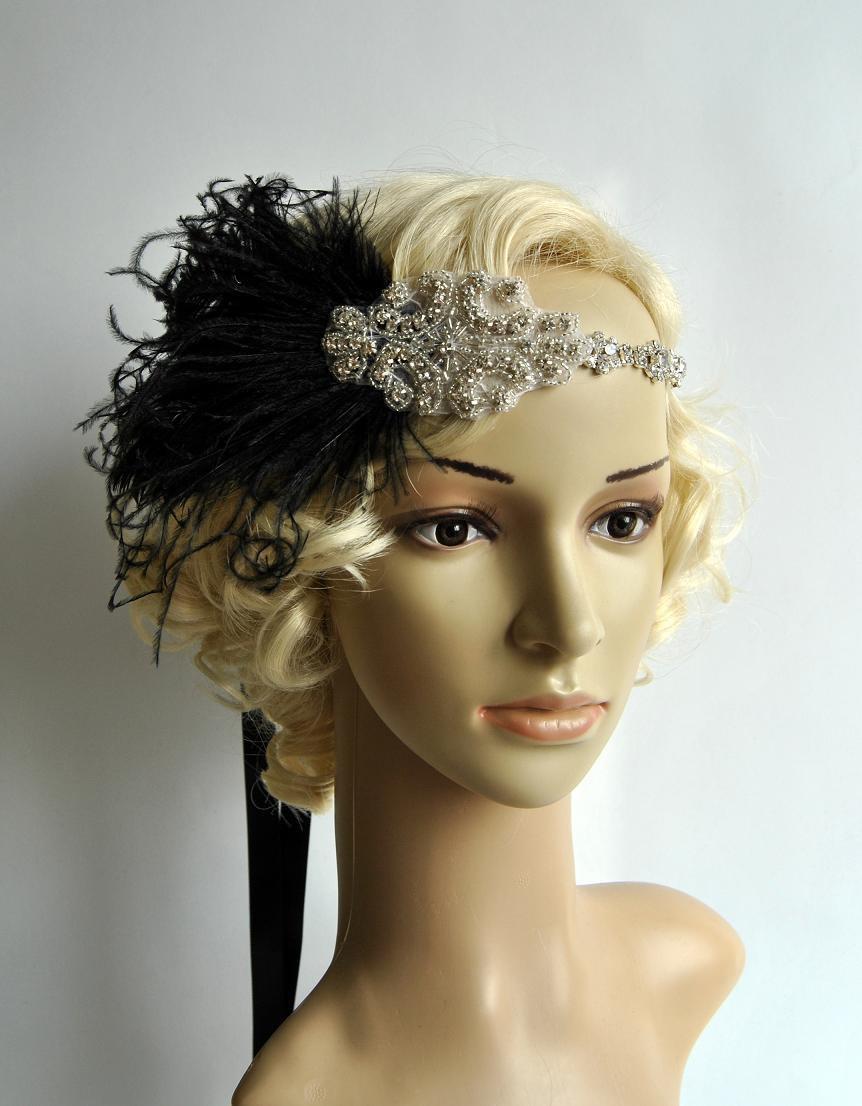 1920s Headband Black Feather Bridal Great Gatsby 20s Gangster Flapper Headpiece - Foto 2