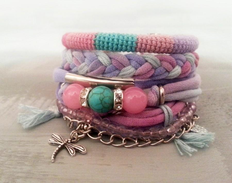 Layering Bracelets Pink And Turquoise, Gypsy Bracelet Set Bohemian ...