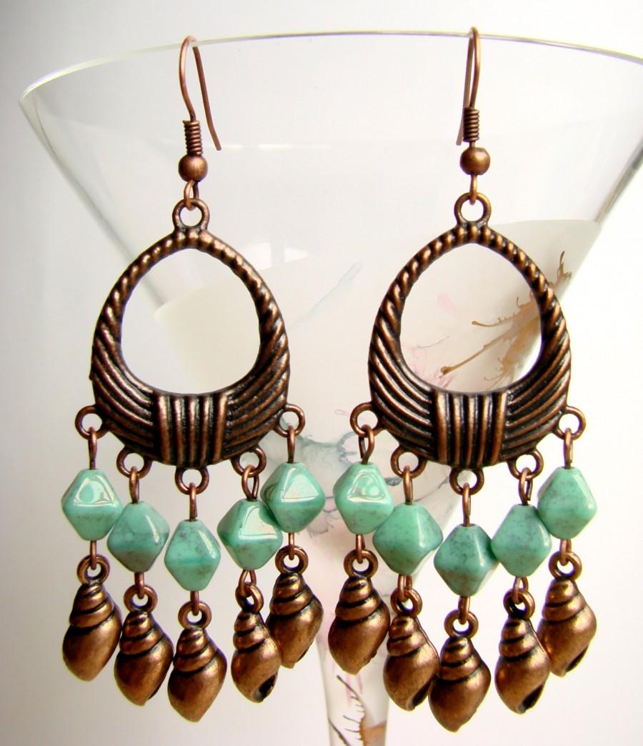 Chandelier Earrings With Shells, Copper Tone Earrings With Turquoise ...