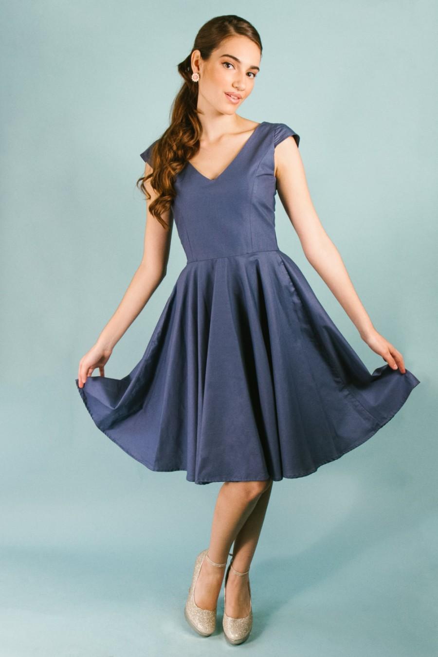 Navy Cotton V-neck Cap Sleeve Knee Length Fit And Flare Dress With Full ...