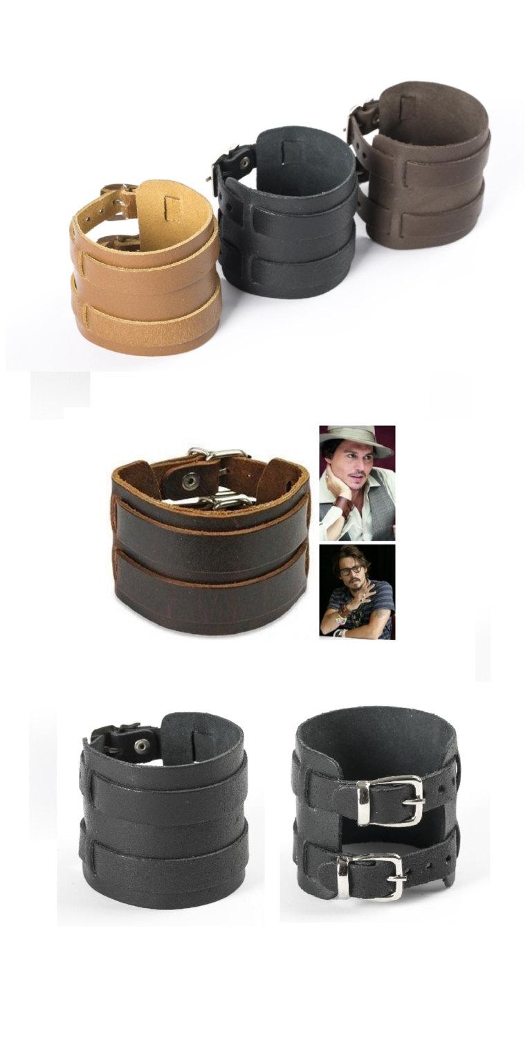 Men's Bracelet 100% Genuine Leather Cuff Wristband Leather Cuff Two ...