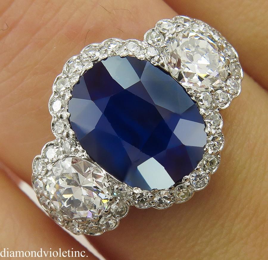 AGL 3.54ct Antique Vintage Art Deco NO HEAT Blue Sapphire Diamond Three ...