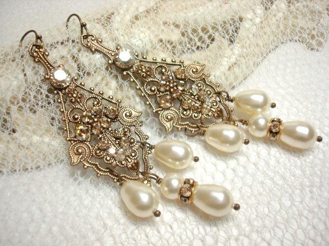 Bridal Vintage Style Earrings Pearl, Vintage Brass Chandelier Earrings Wedding