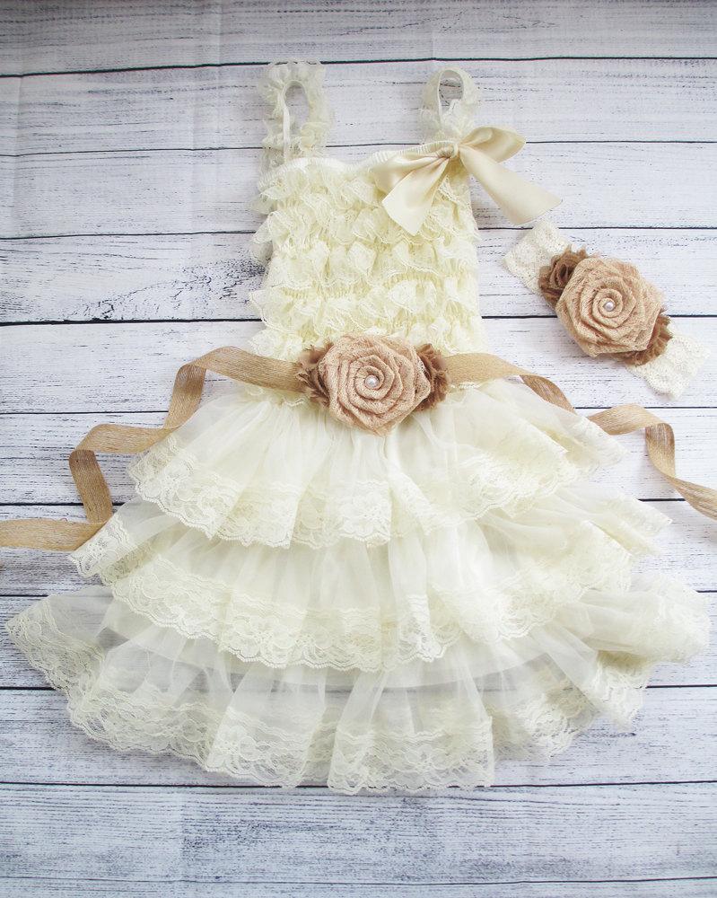 Burlap Rolled Lace Flower Girl Dress & Sash Set, Country Chic Dress ...