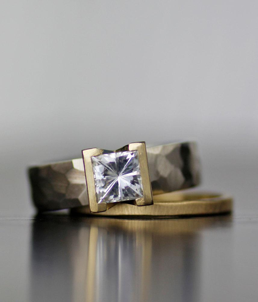 Moissanite Modern Engagement Ring, Square Cut Diamond Or Moissanite ...