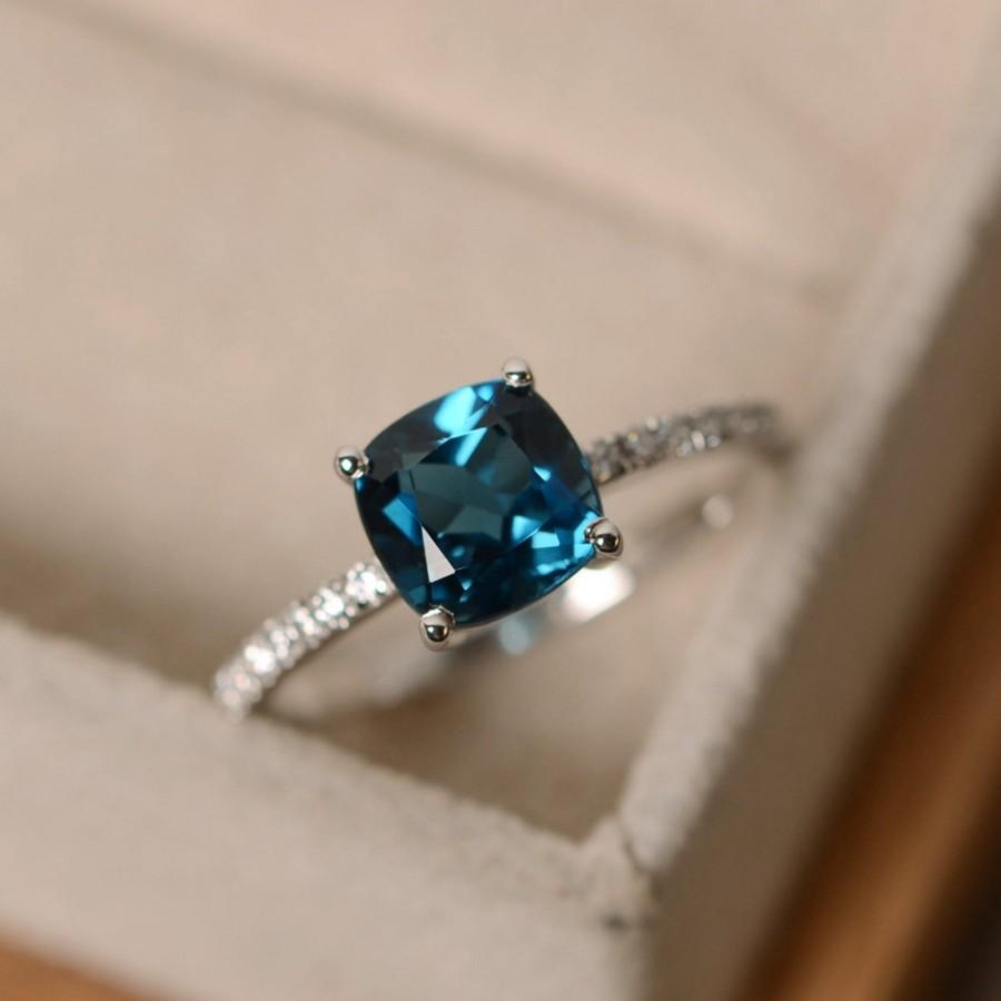London Blue Topaz Ring, Blue Gemstone, Cushion Cut Ring, Engagement ...
