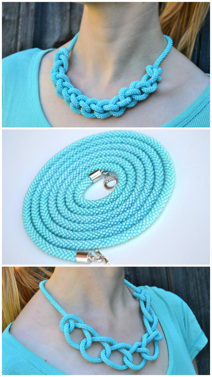 Turquoise Mint Long Beaded Crochet Rope Lariat Necklace. Spiral Rope ...