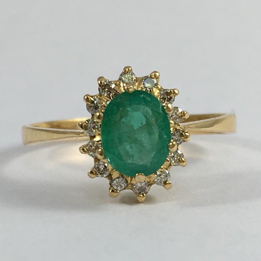 Antique Emerald And Diamond Halo Ring. 18K Yellow Gold. Unique ...