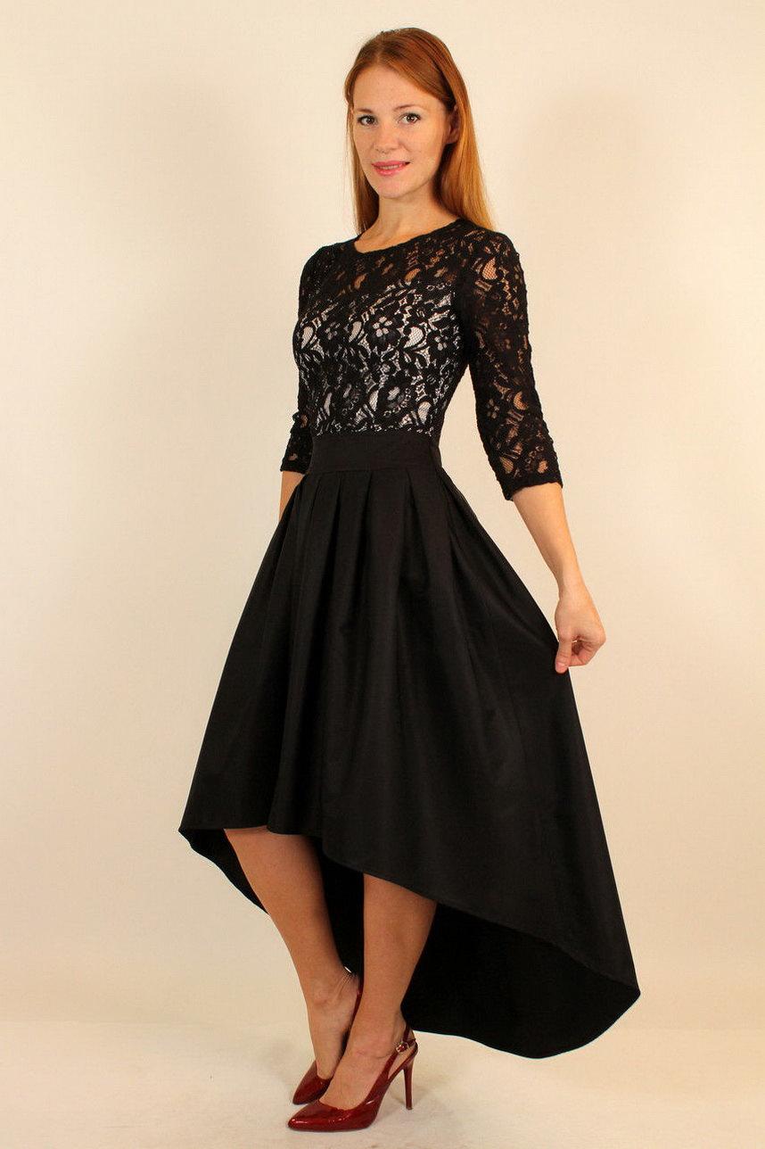Black Formal Dress, Asymmetrical Dress With Lace, Pleated Dress, Long ...