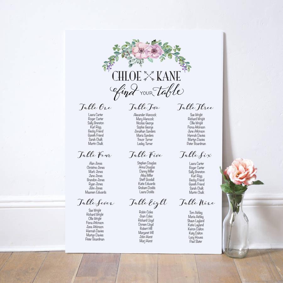Printable Wedding Table Seating Chart, What Size Are Wedding Table Plans