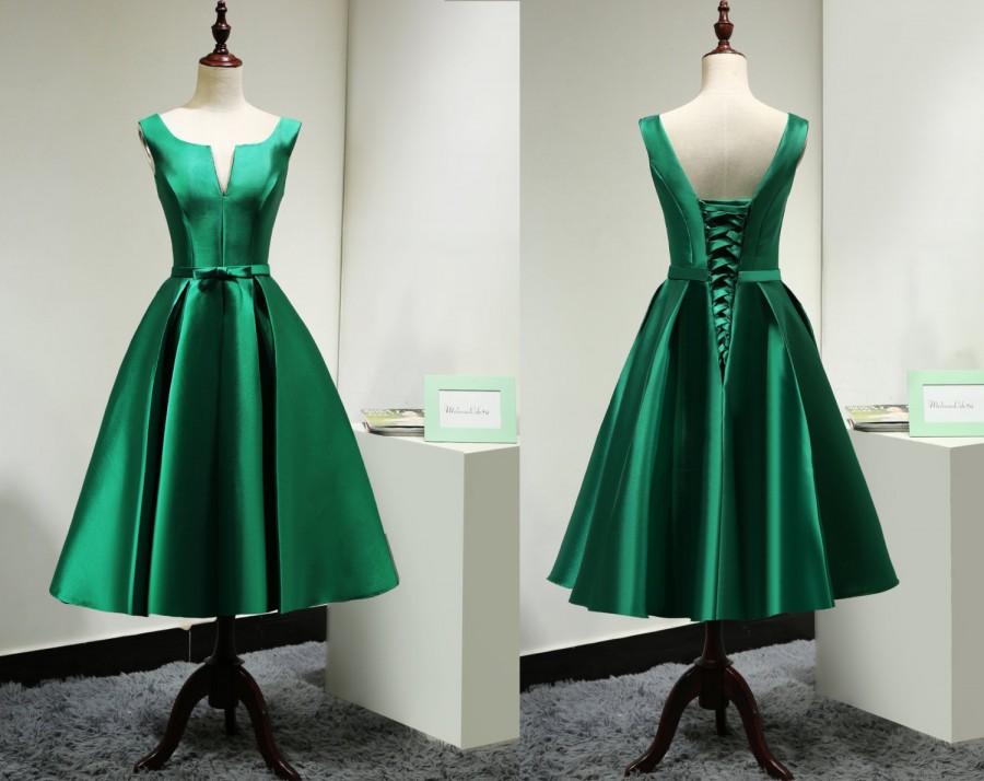 Modest Satin Emerald Green Bridesmaid Dress Short Custom/Elegant Tea ...