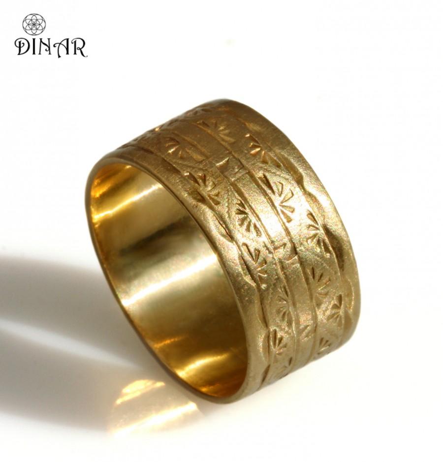 14k Solid Yellow Gold Band ,10mm Wide Wedding Band, Art Deco Engravings ...