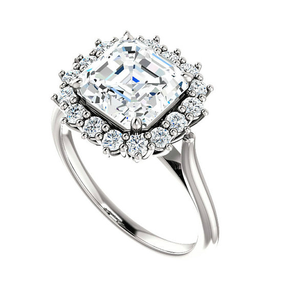 8mm Asscher Cut Forever One Moissanite & Diamond Halo Engagement Ring ...