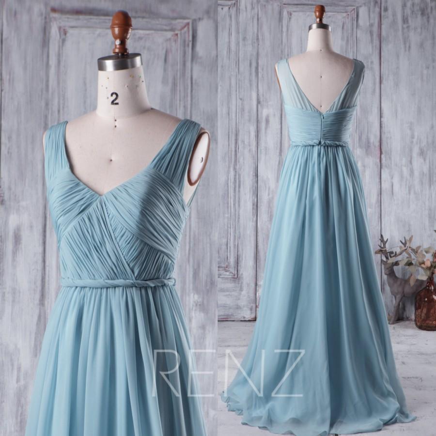2016 Long Dusty Blue Bridesmaid Dress, V Neck Chiffon Wedding Dress ...