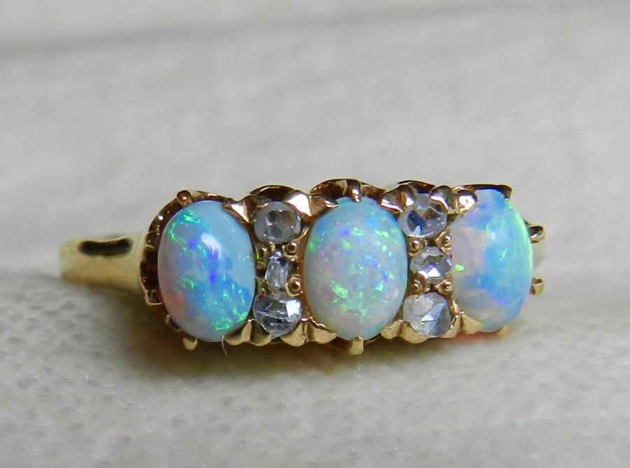 Opal Ring Mine Cut Diamond Opal Engagement Ring Australian Blue Opal ...
