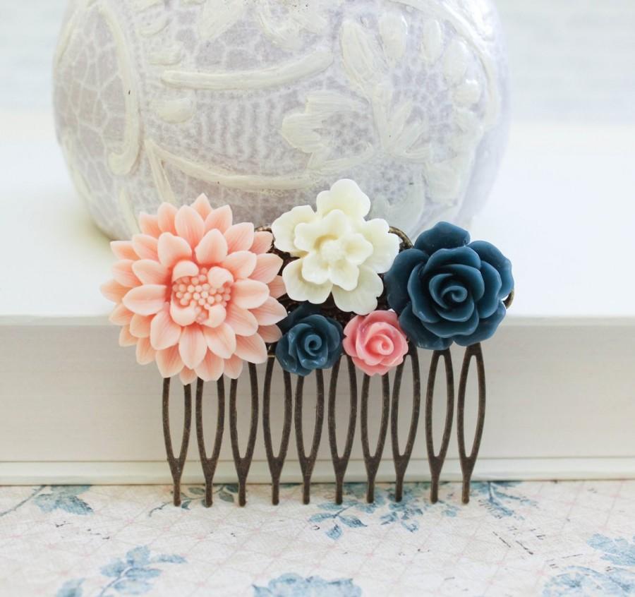 Peach Flower Hair Comb Floral Wedding Accessories Navy Blue Rose Pink ...