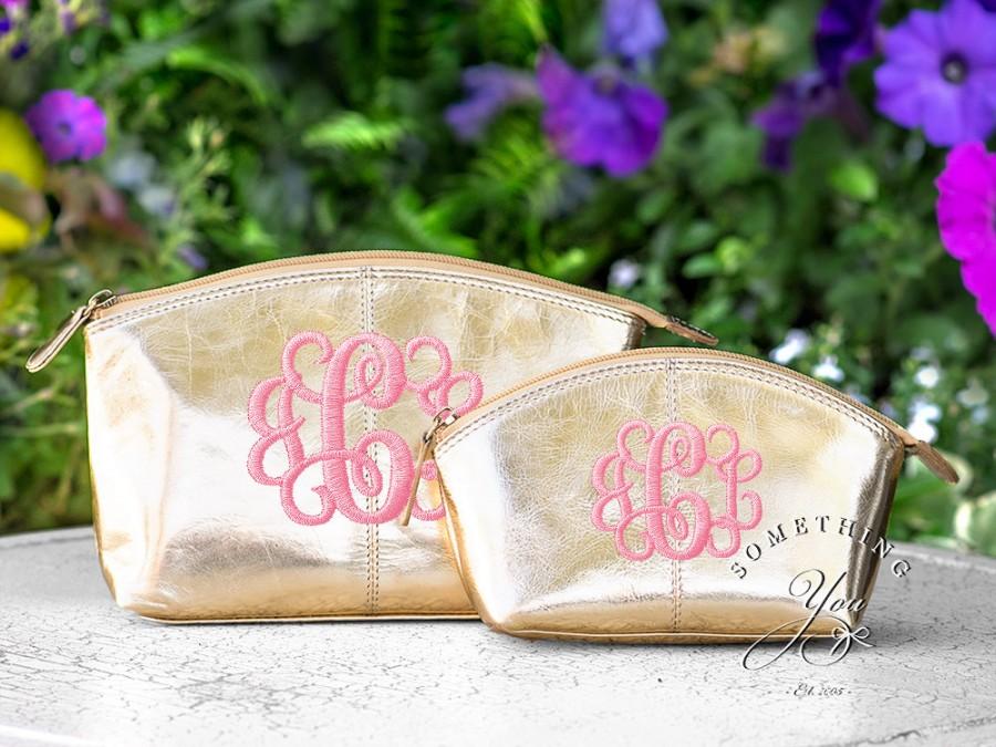 Set Of 2 Metallic Gold Monogrammed Leather Cosmetic Bags - Large And ...