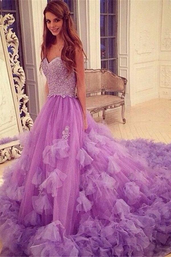 Stylish Sweetheart Court Train Purple Prom Dress With Beading Patchwork ...