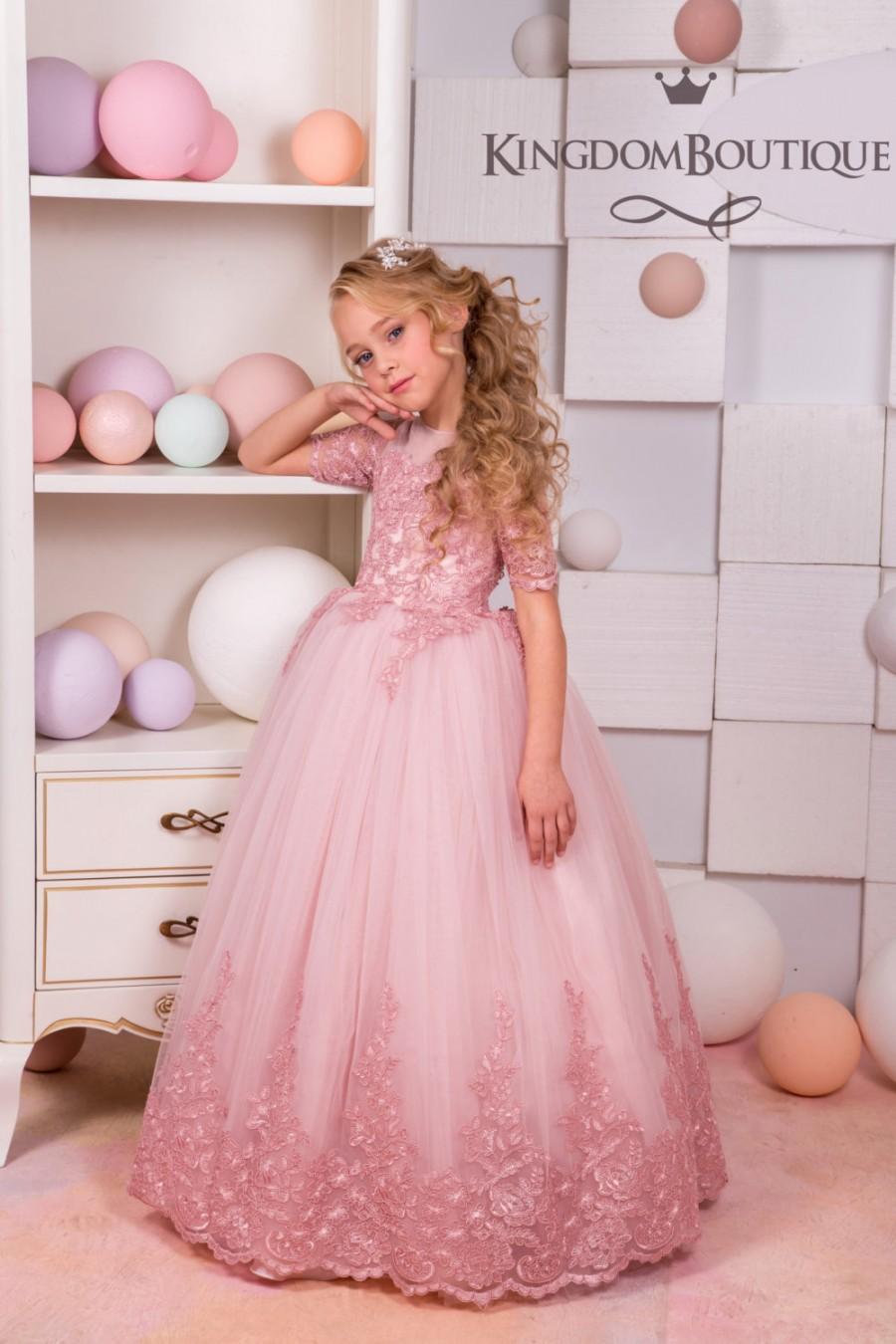 Blush Pink Lace Tulle Flower Girl Dress - Wedding Party Holiday ...