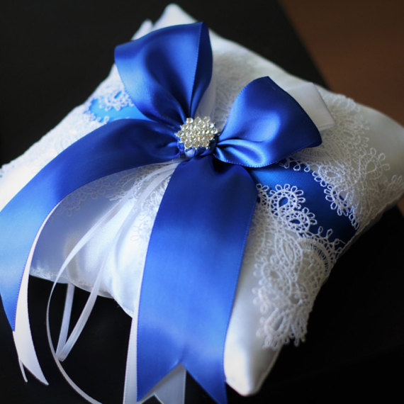 Blue Wedding Pillow White Lace Ring Bearer Royal Blue Wedding Pillow White Lace Ring Bearer Royal