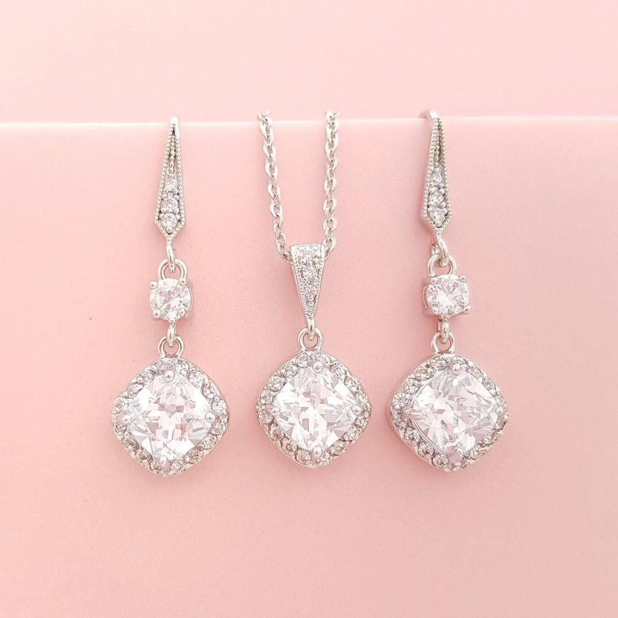 Bridal Jewelry Set, Cushion Cut Cubic Zirconia Earring And Necklace Set ...