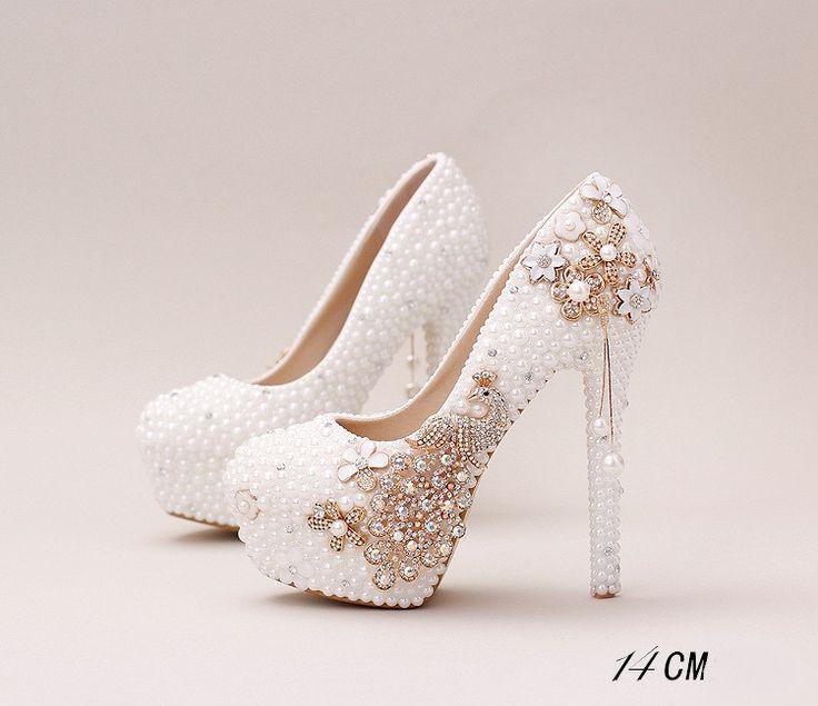 Handmade High Heels Round Toe Pearls Crystal Wedding Shoes, S0038 ...