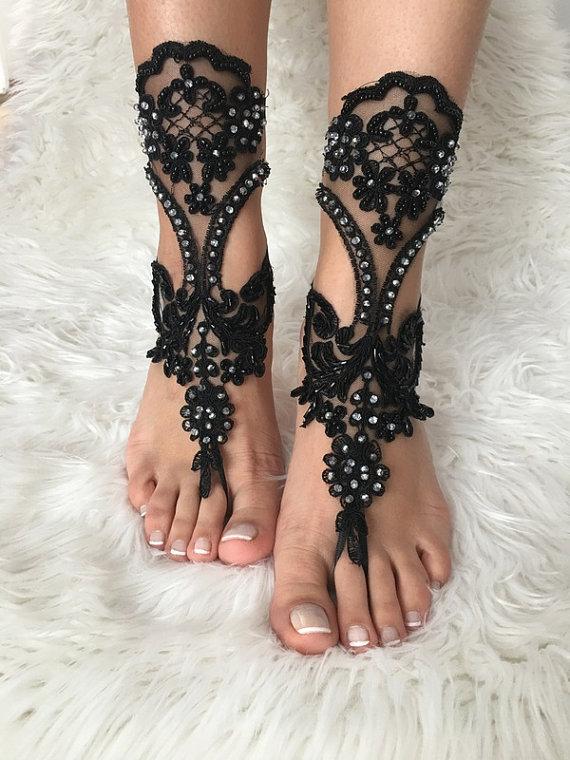 FREE SHIP Black Lace Barefoot Sandals, Beach Wedding, Gothic, Belly ...